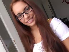 Nerdy sex goddess and the plump guy in the cock riding session tube porn video